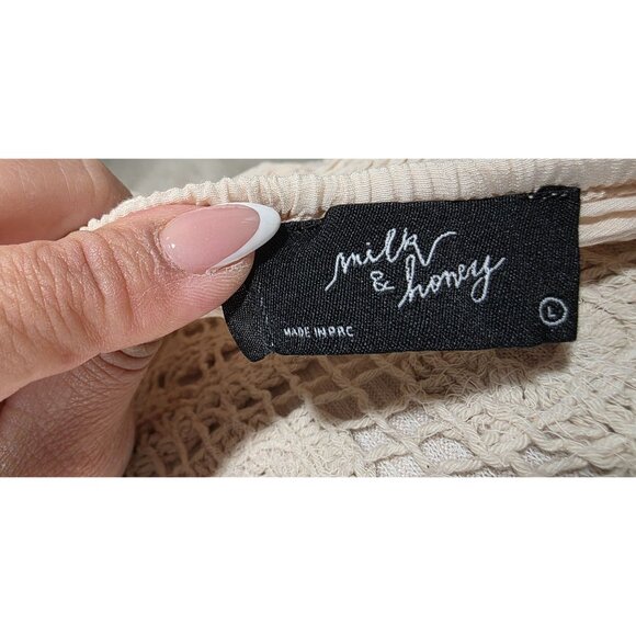 Milk & Honey Beige Crochet Lace Blouse With Puff Sleeves & Tie Back L - Picture 3 of 7